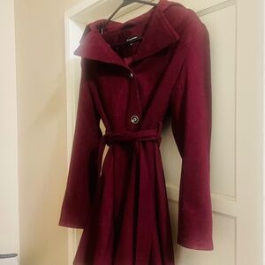 INC International Concepts Burgundy Wool-Blend Skirted Belted Peacoat